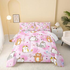 QOOMO Kawaii Cat Kids Twin Comforter Set 3Pcs Pink  Kitten Bedding 2 Pillowcases